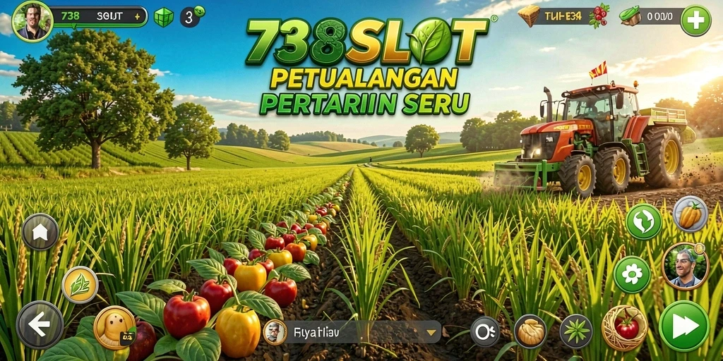 Screenshot gameplay 738SLOT menunjukkan ladang subur dan hewan ternak.