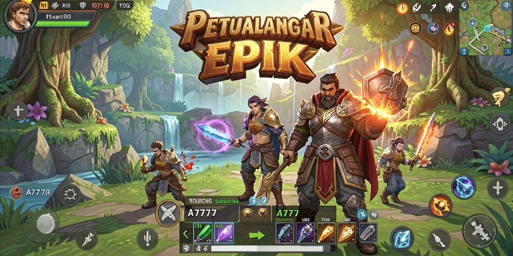Screenshot utama A7777 menampilkan aksi pertarungan yang intens dan karakter penuh warna.
