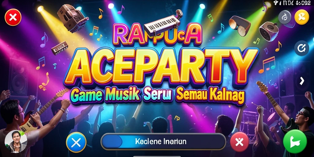 Tampilan gameplay ACEPARTY dengan berbagai tantangan musik.