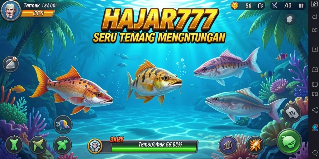 Tampilan gameplay seru dalam HAJAR777 dengan berbagai ikan menunggu untuk ditangkap.
