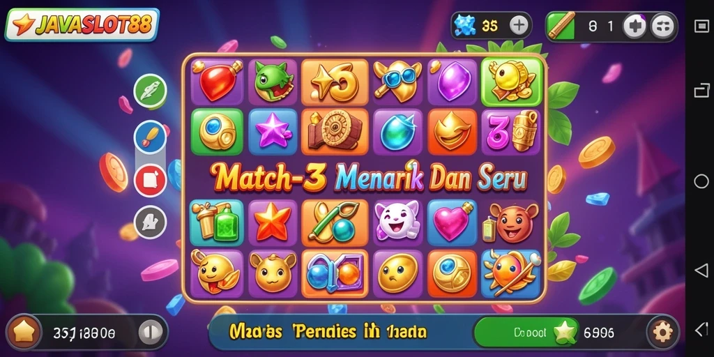 Tangkapan layar menarik dari gameplay <strong>JAVASLOT88</strong>, menampilkan keseruan pertandingan Match-3.