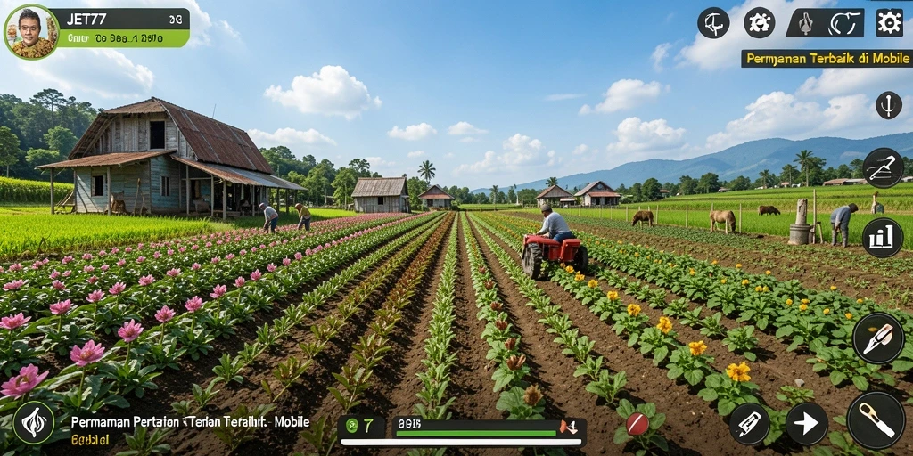 Screenshot permainan JET77 menunjukkan aktivitas seru bertani.