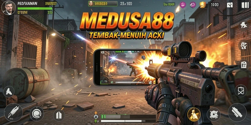 Tampilan gameplay MEDUSA88 yang mendebarkan dalam aksi tembak-menembak.