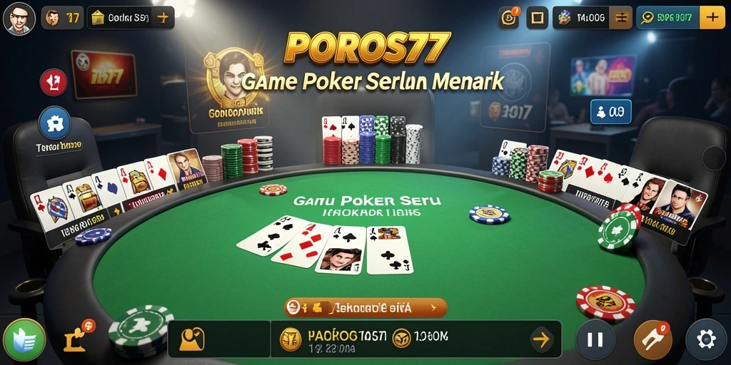 Tampilan gameplay seru di POROS77, bersama teman-teman dalam permainan Poker.