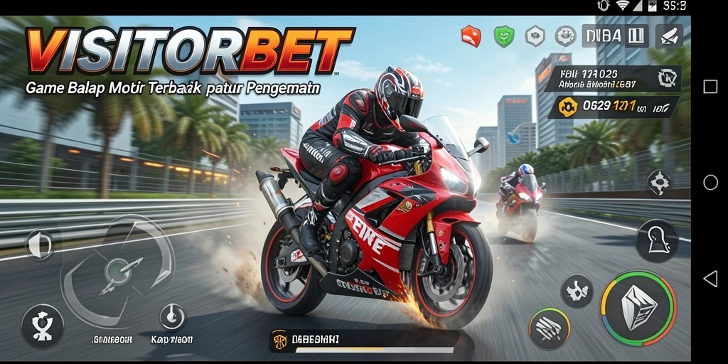 Screenshot gameplay VISITORBET menunjukkan aksi balap motor yang mendebarkan.